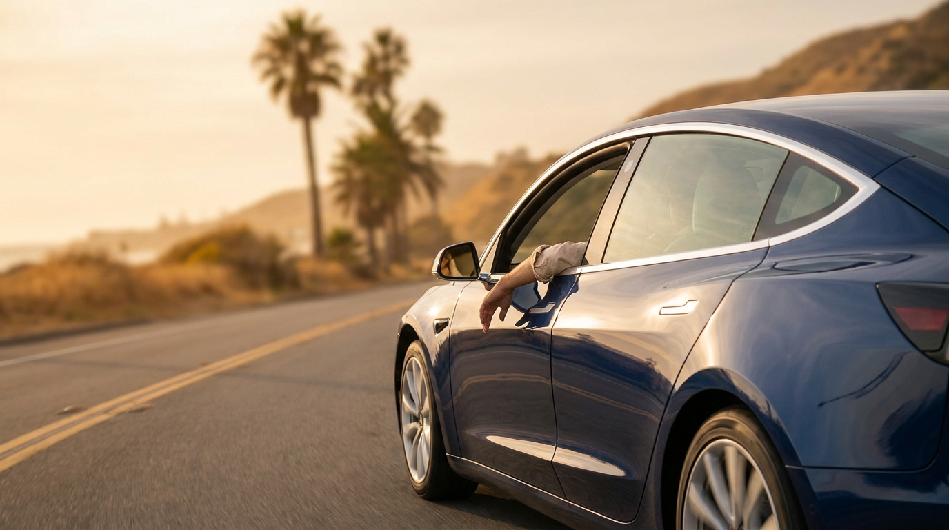 A car driving down a sunny highway with the driver's window rolled down, arm resting on the sill.