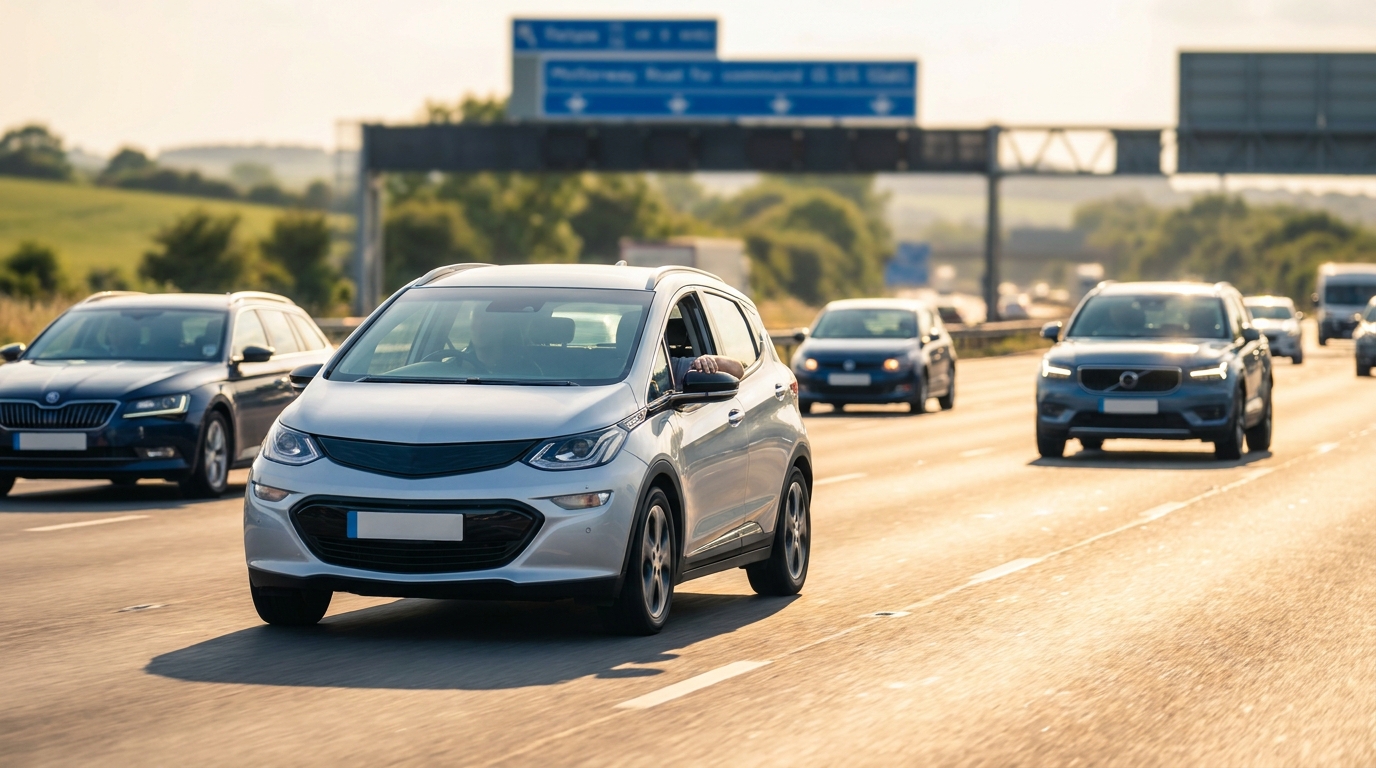 A hatchback overtaking on a sunlit UK motorway with overhead gantry signs