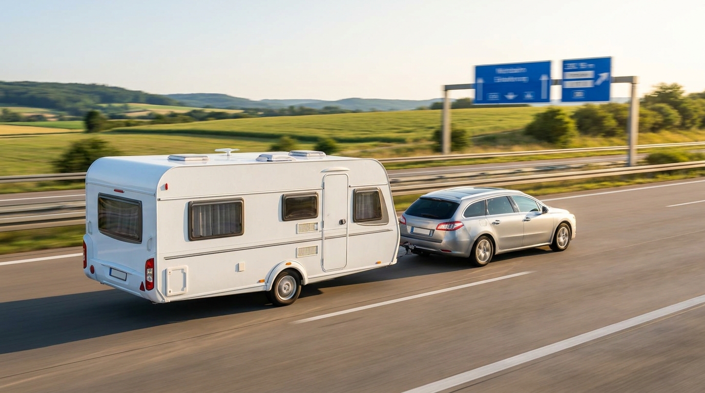 Kombi mit weißem Wohnwagen auf einer deutschen Autobahn bei sonnigem Wetter