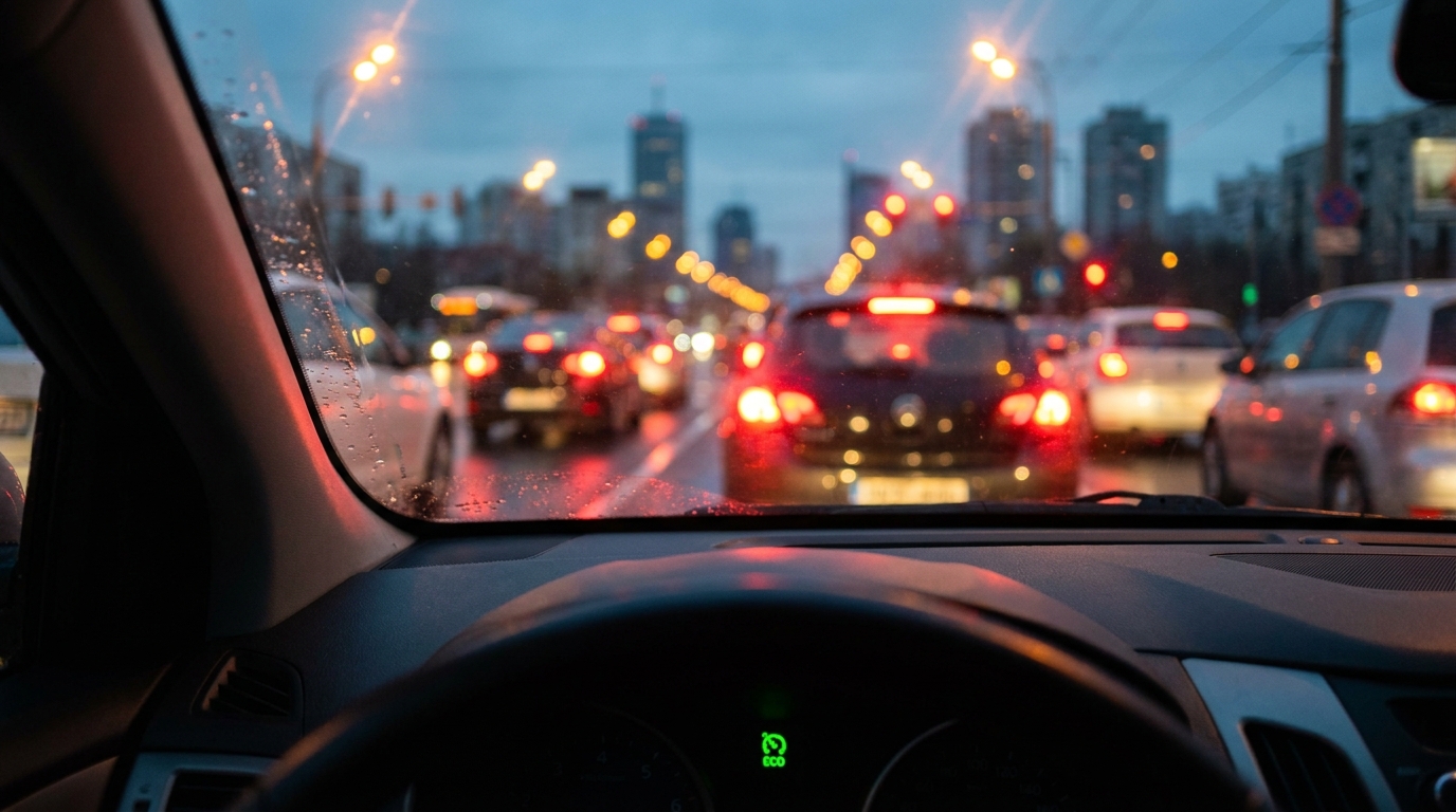 Close-up of a car dashboard showing the auto stop-start indicator illuminated at a city intersection