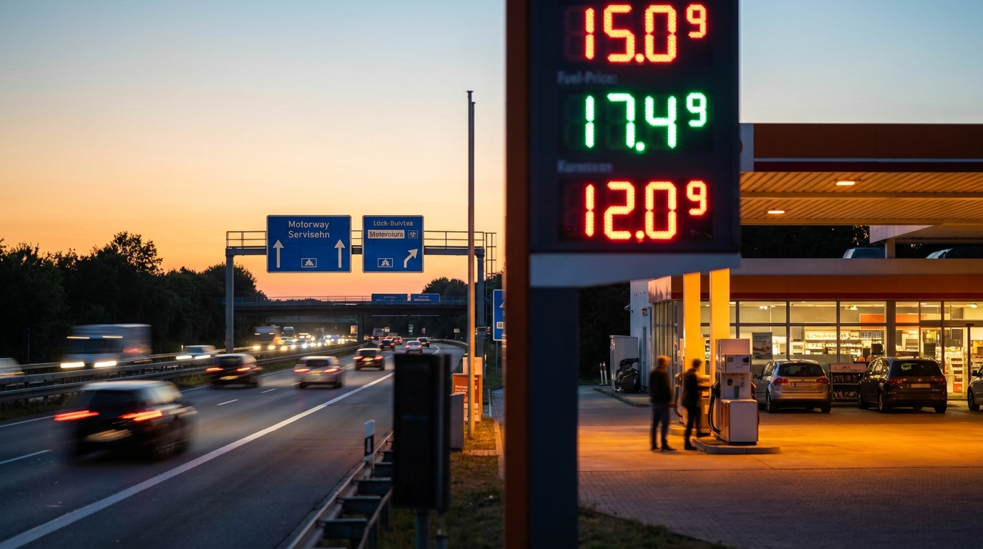 Tankstelle an einer deutschen Autobahnraststätte mit Preistafel im Hintergrund
