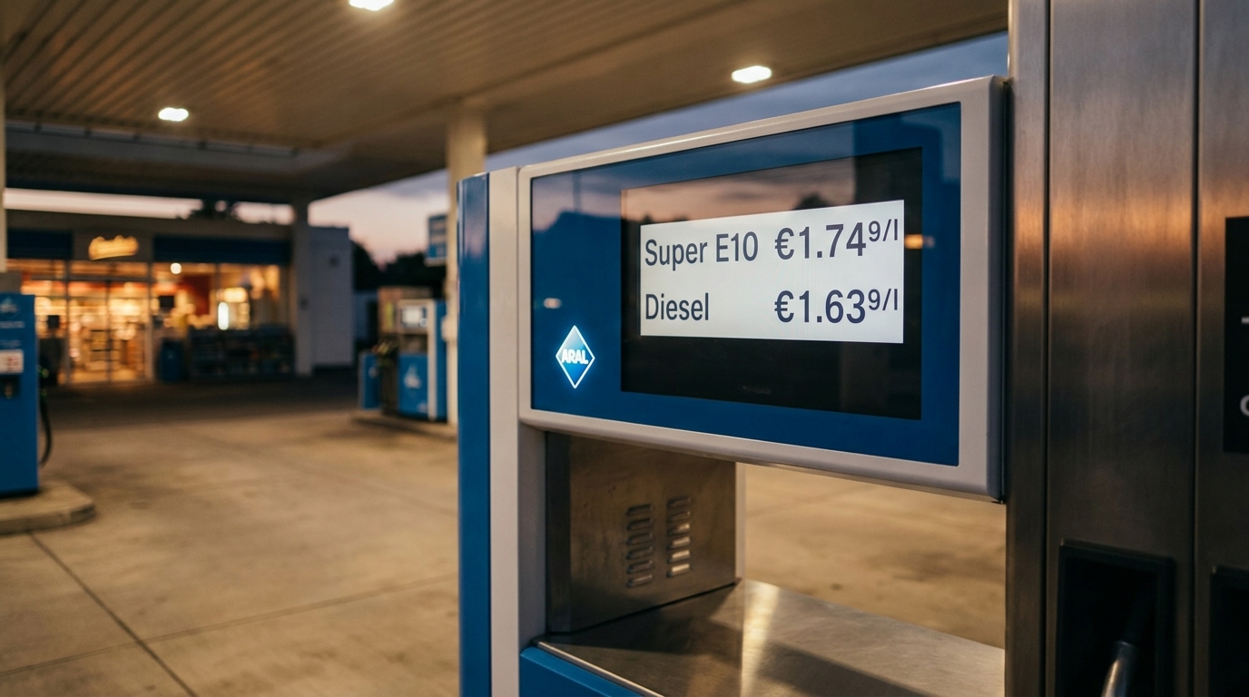 Zapfsäule an einer deutschen Tankstelle mit Preisanzeige für Super E10 und Diesel