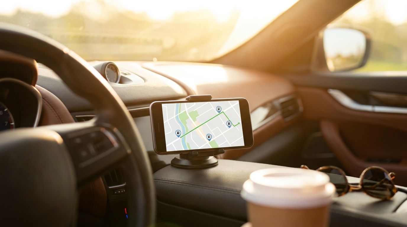 A smartphone on a car dashboard showing a gas-price map app, morning light through the windshield.