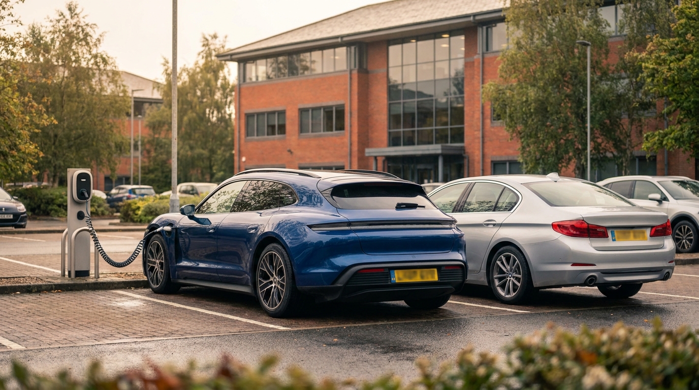 Electric company car plugged in at a UK office car park with a petrol saloon parked alongside
