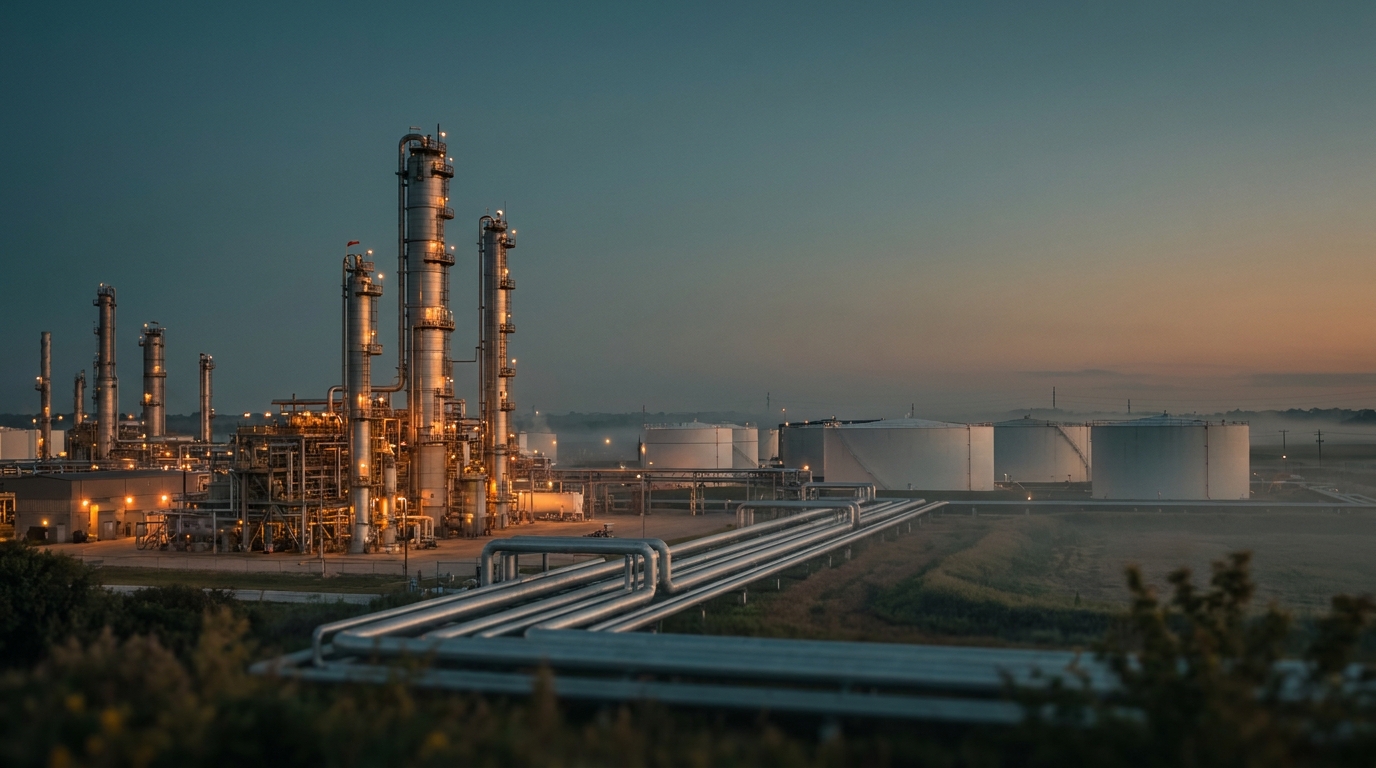Oil refinery towers at dusk with pipelines running toward storage tanks