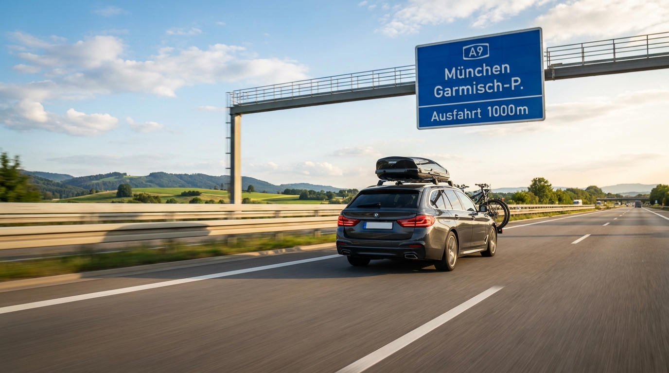 Familienkombi mit Dachbox auf deutscher Autobahn im Sommer