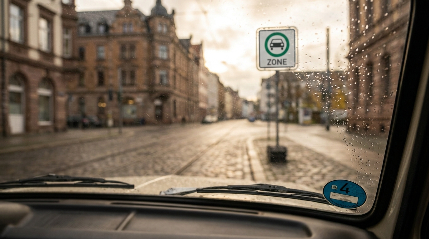 Blaue Umweltzonen-Plakette hinter der Windschutzscheibe eines Dieselfahrzeugs in einer deutschen Innenstadt