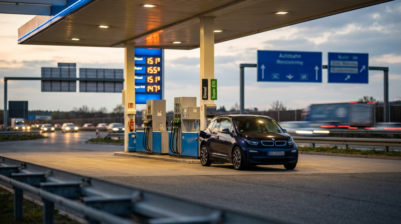 Tankstelle in Deutschland mit Diesel- und Super-Zapfsäulen nebeneinander