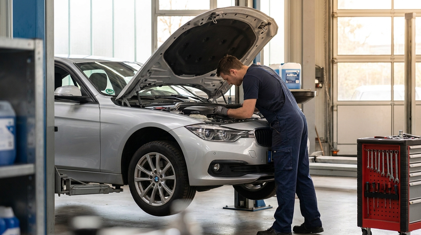 Werkstattmitarbeiter prüft den Motorraum eines modernen Diesel-Pkw in einer deutschen Kfz-Werkstatt