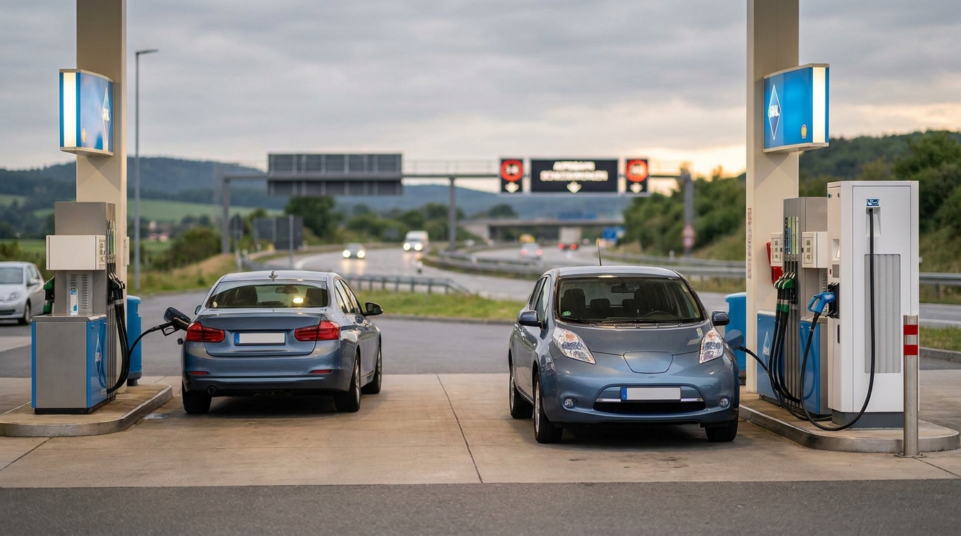Elektroauto und Verbrenner nebeneinander an einer deutschen Tankstelle mit Ladesäule