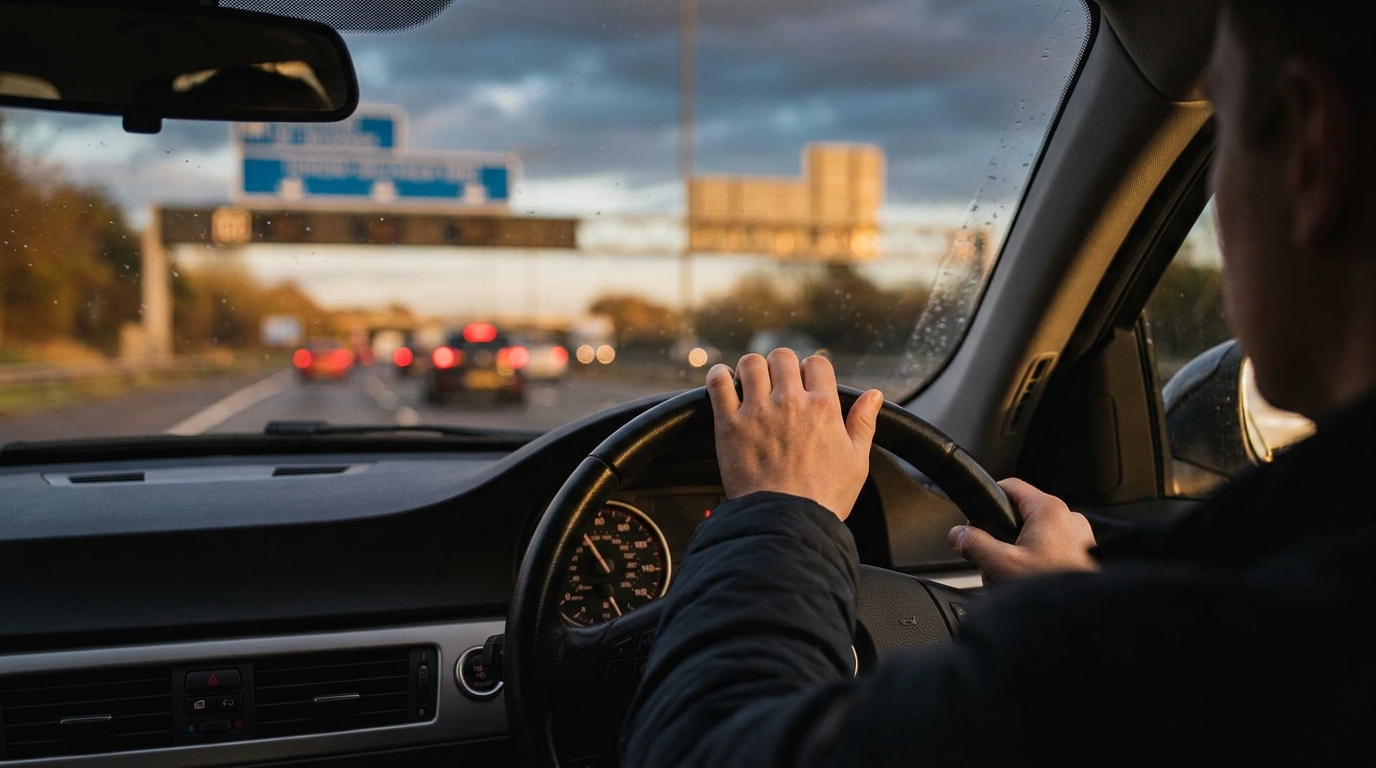 Driver's hands on the wheel of a right-hand-drive car on a British motorway at dusk