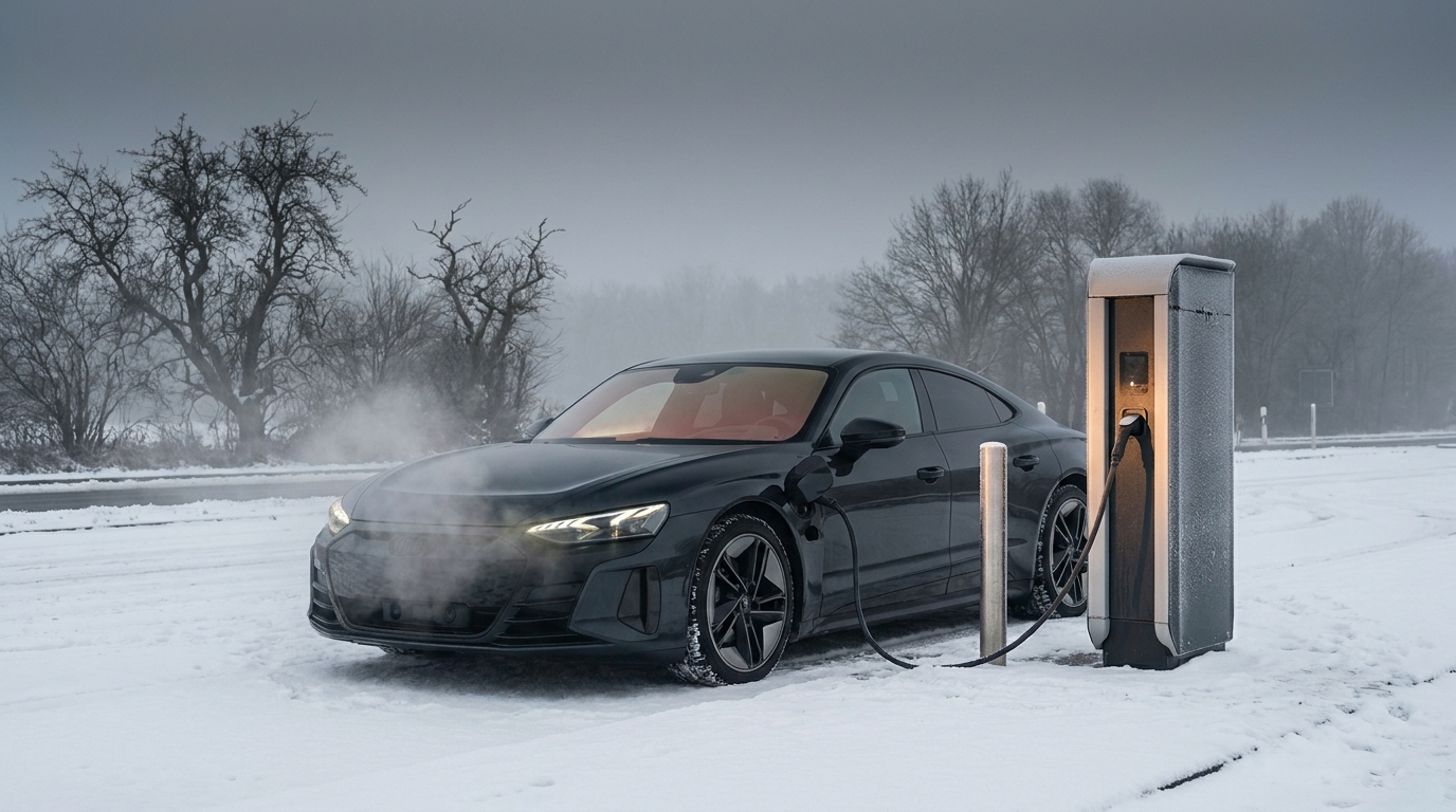 Elektroauto an einer Schnellladesäule bei winterlicher Landschaft in Deutschland