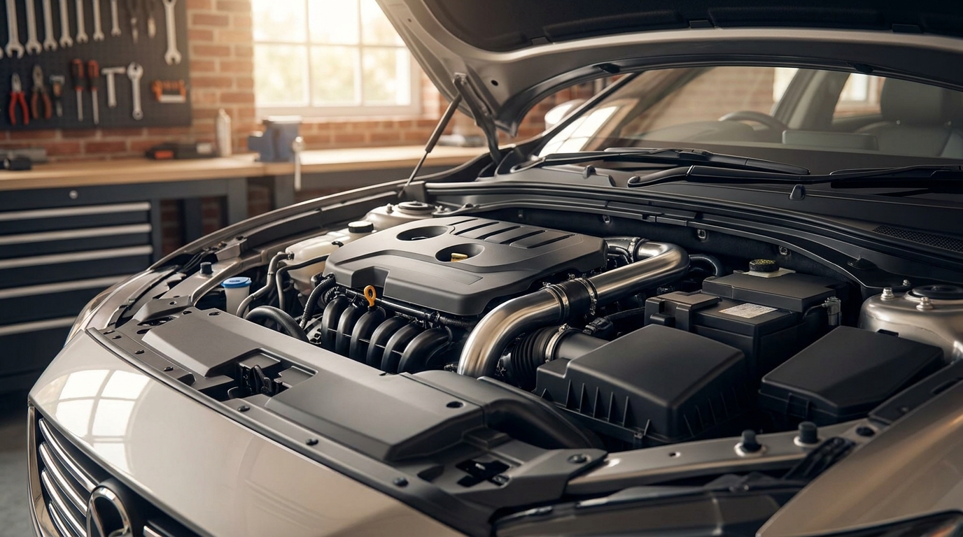 Close-up of a modern small-displacement turbocharged four-cylinder engine bay