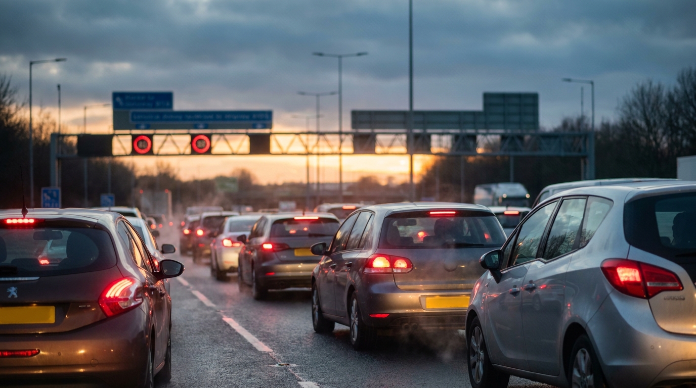 Row of cars idling in slow-moving traffic on a UK motorway at dusk