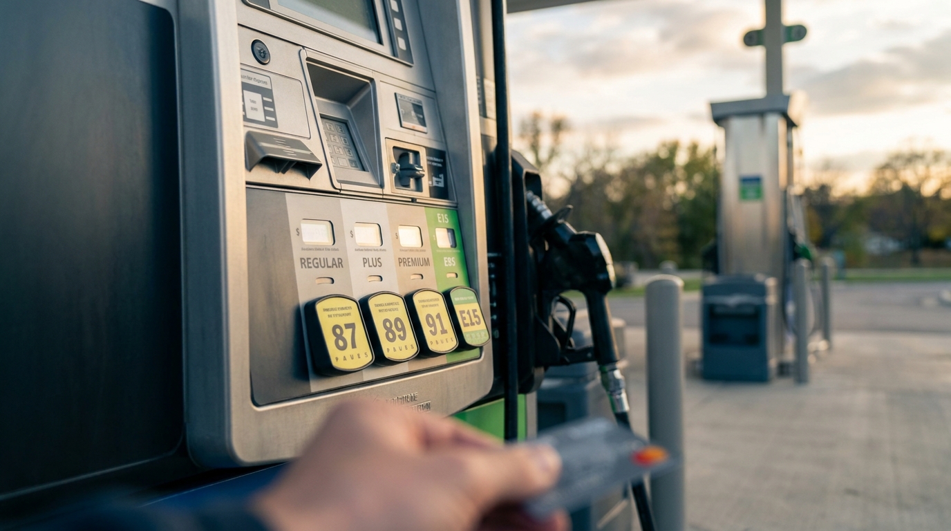 Close-up of gas station pump buttons showing E10, E15, and E85 fuel options