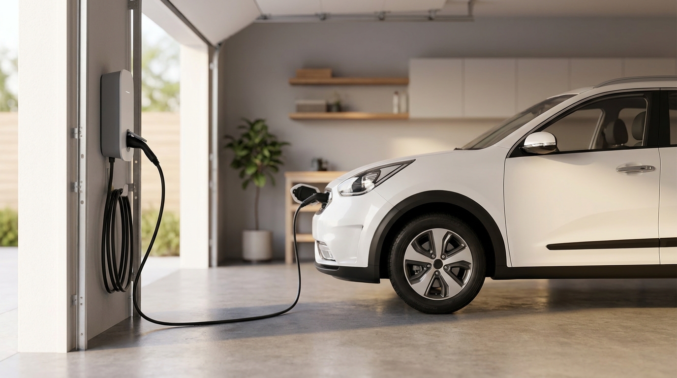 Home EV charger mounted on a garage wall next to a parked electric vehicle