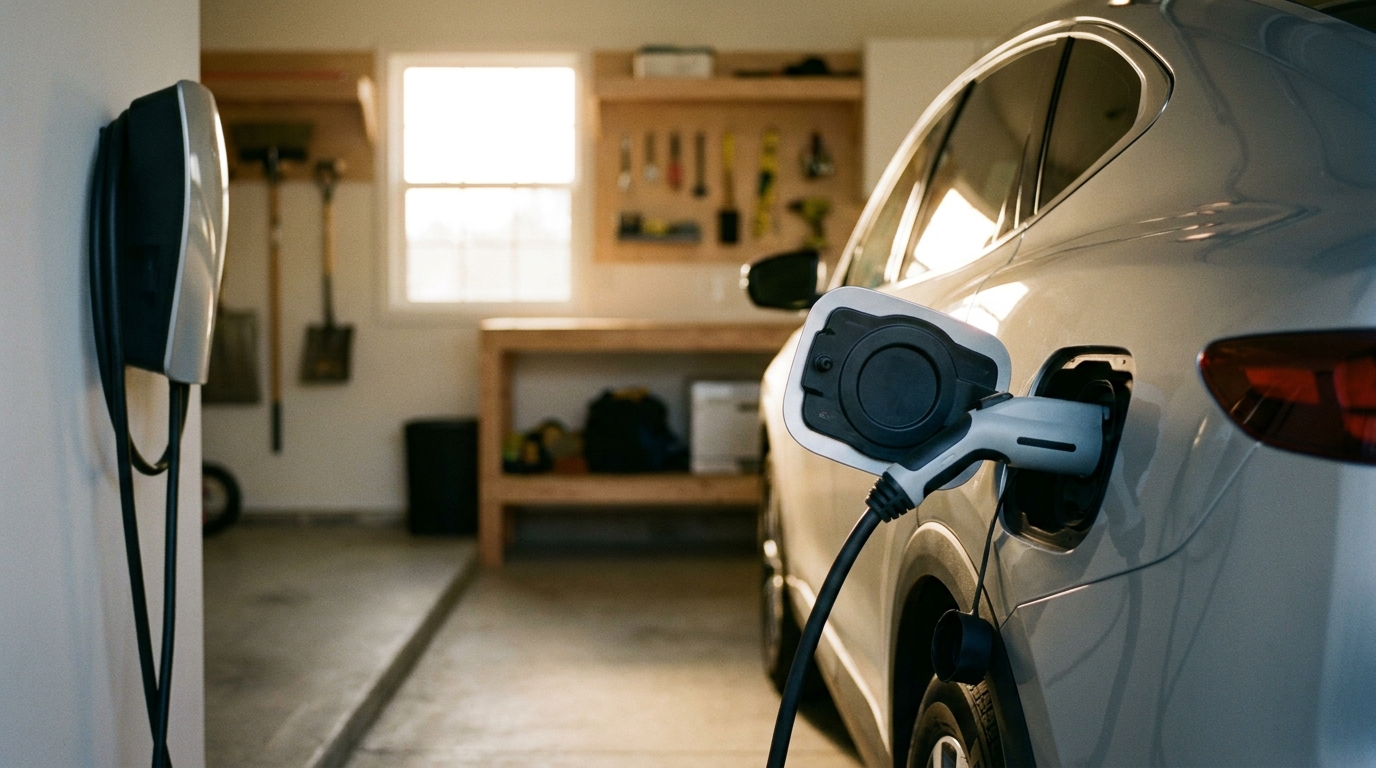 An EV plugged into a home charger in a suburban garage, soft ambient light.