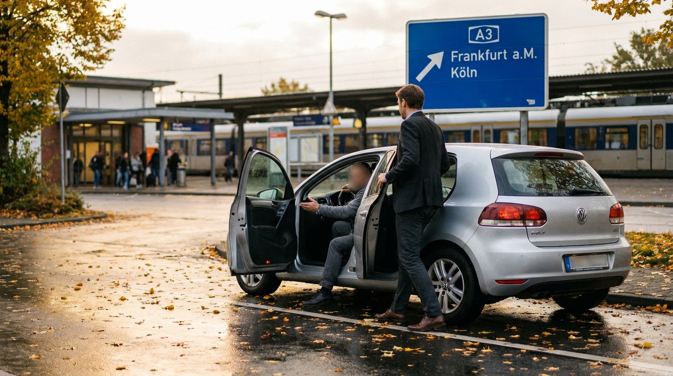 Zwei Pendler steigen morgens auf einem Park-and-Ride-Parkplatz in Deutschland in ein Auto