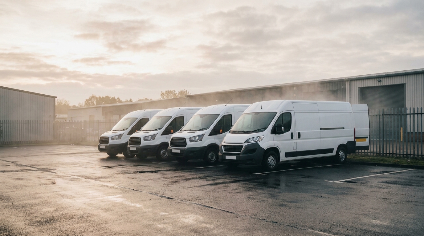A row of white commercial delivery vans parked at a small business depot at dawn