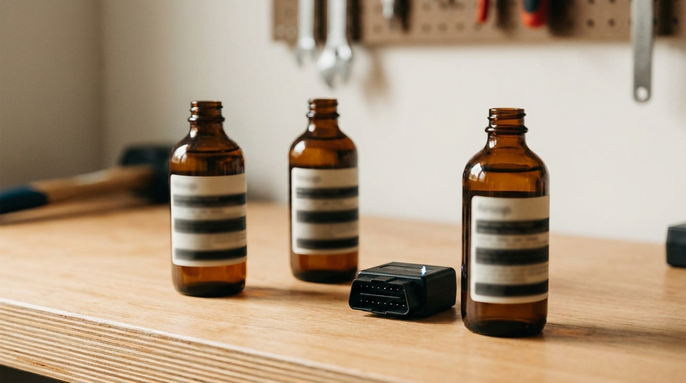 Several bottles of fuel-system cleaner and an OBD2 device arranged on a workbench.
