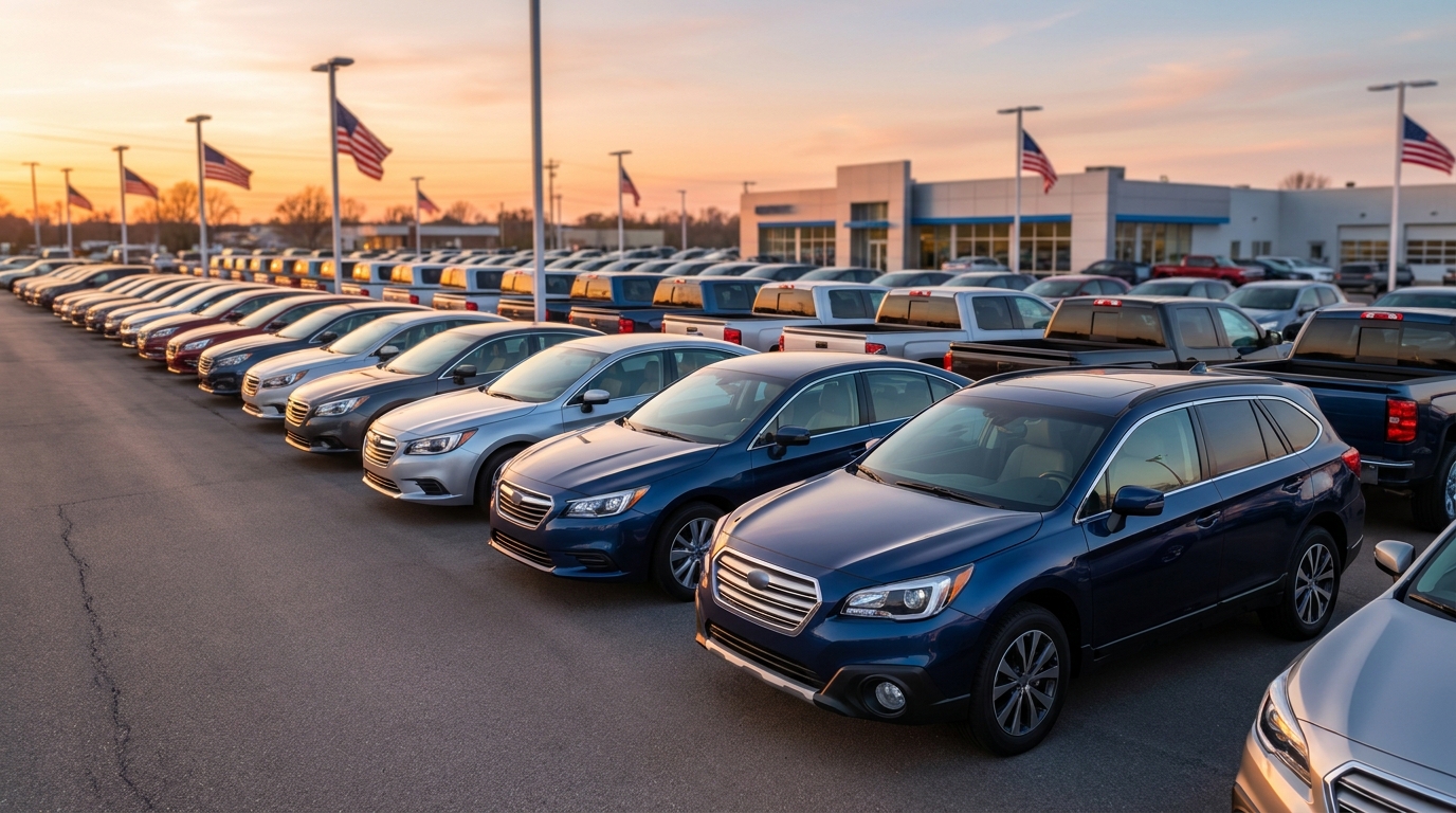 A row of late-model sedans and crossovers parked at a US dealership lot at dusk