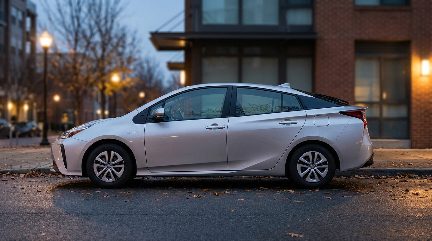 A silver compact hybrid sedan parked on a clean urban street at dusk, clean side profile.