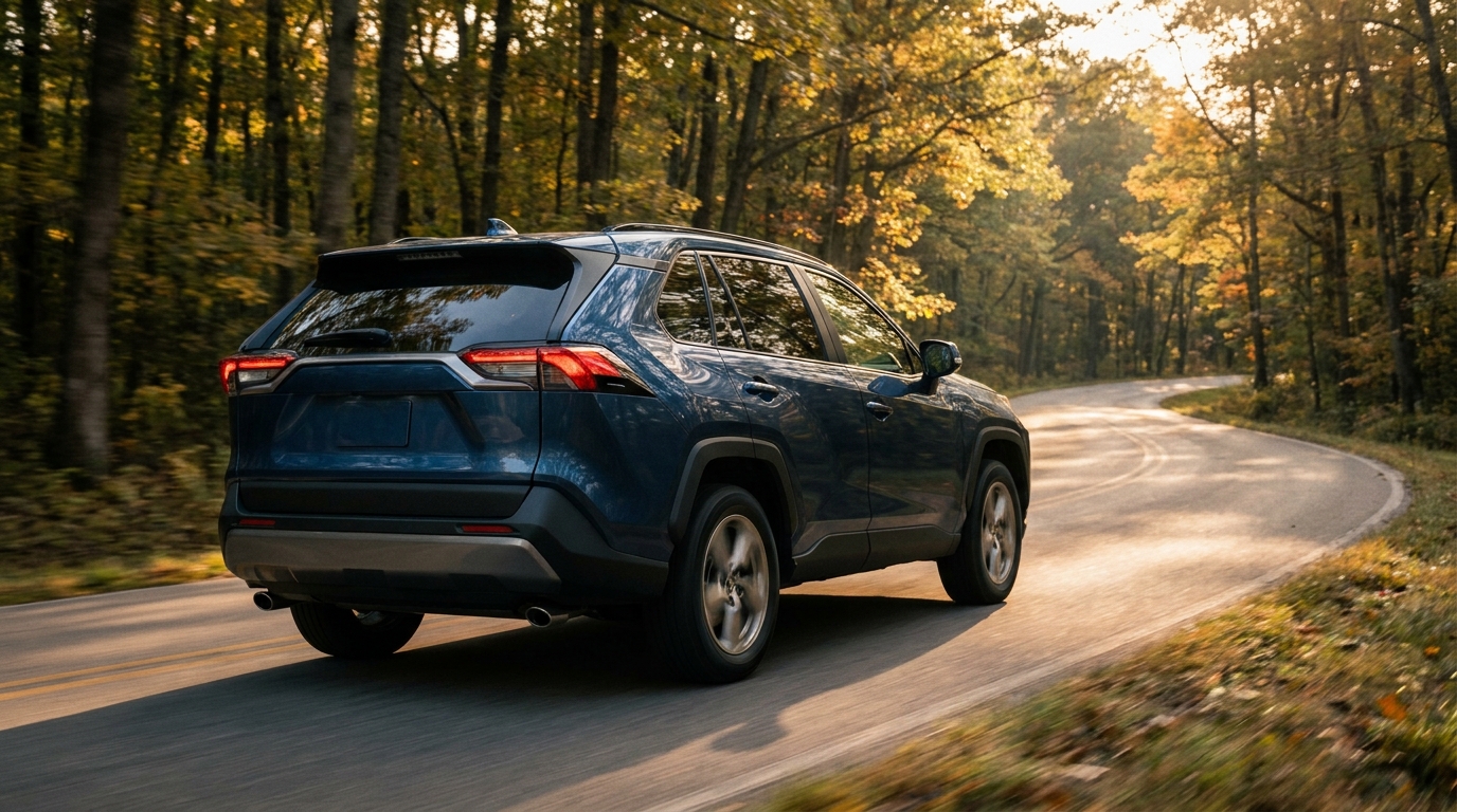 A dark blue hybrid compact SUV on a forested back road, late afternoon golden hour light.