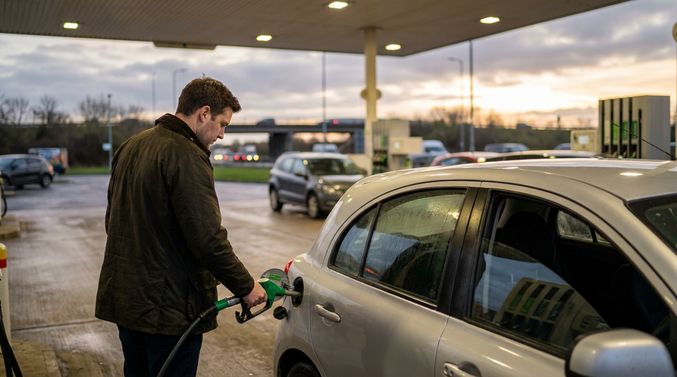 Driver holding a petrol pump nozzle at a UK forecourt at dusk