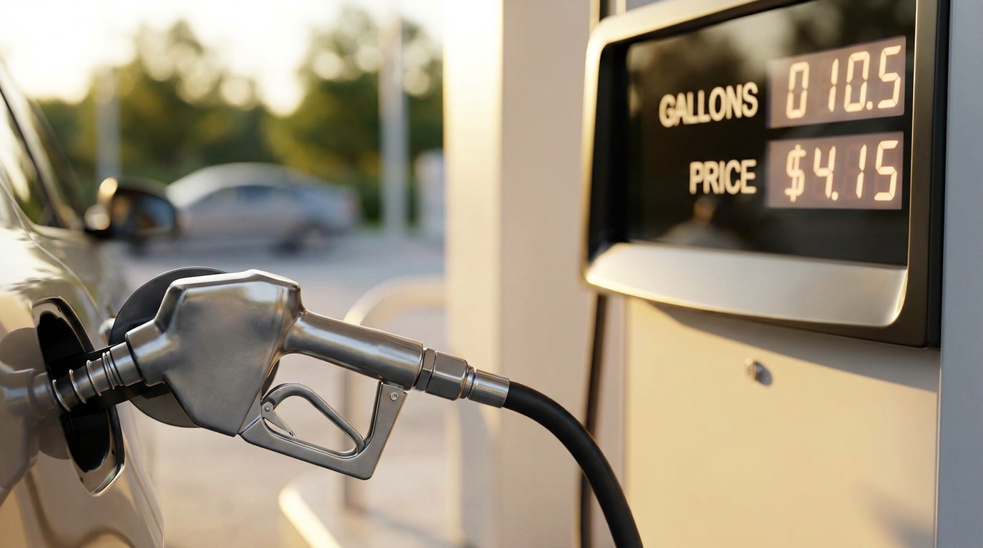 Close-up of a fuel pump display showing per-gallon price during a fill-up at a US gas station