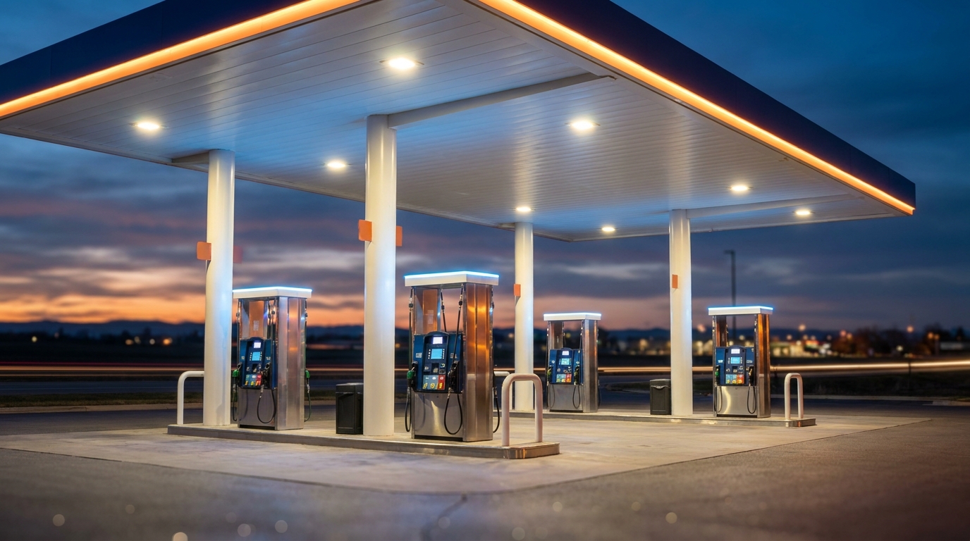Row of fuel pumps at a brightly lit US gas station at dusk