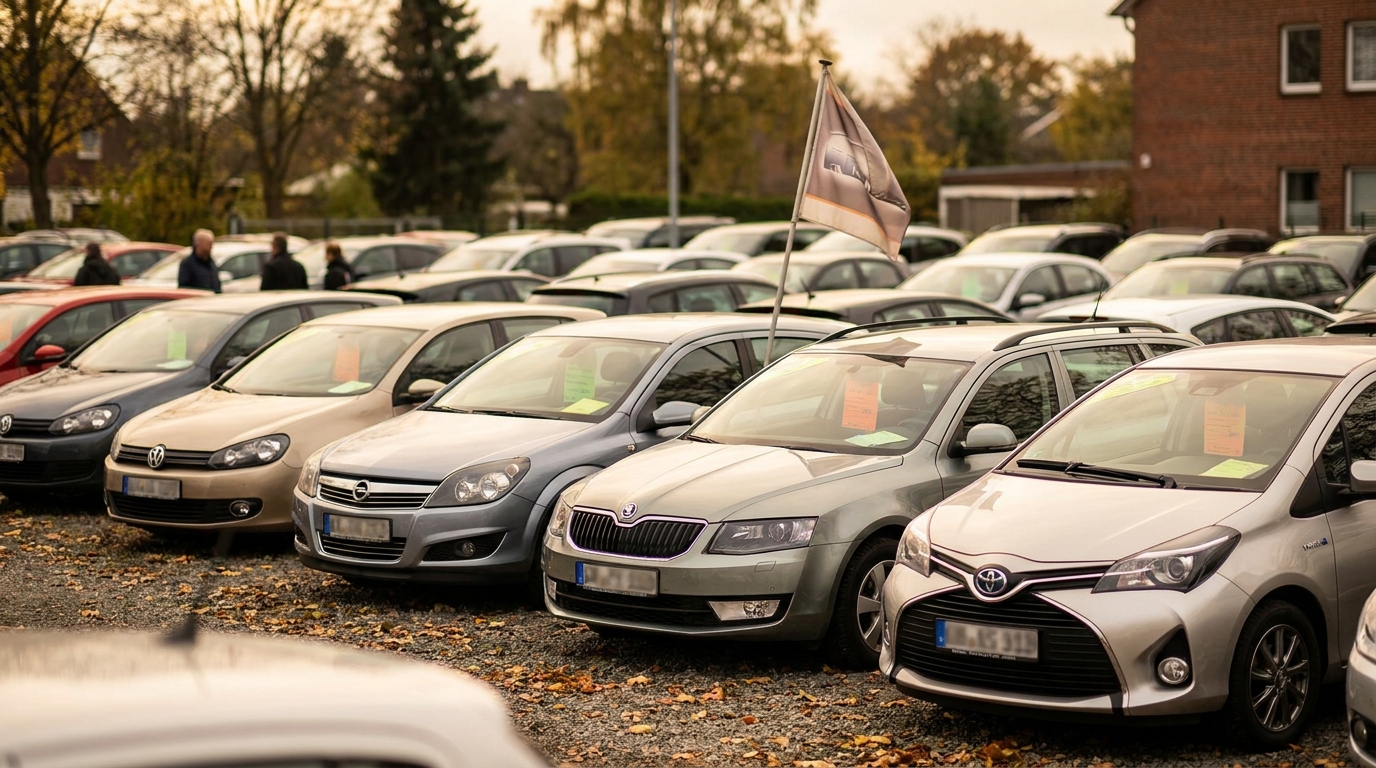 Reihe gebrauchter Diesel- und Benziner-Fahrzeuge auf einem deutschen Autohof