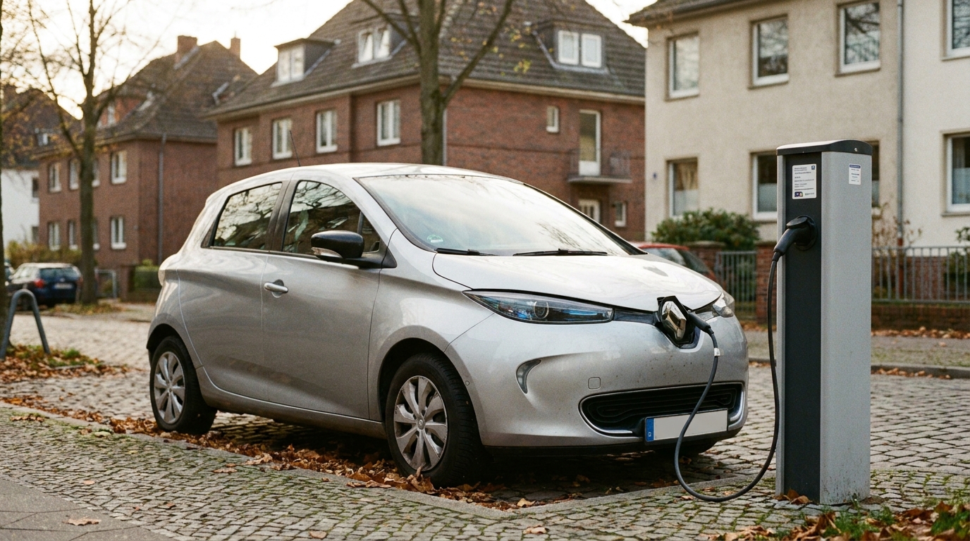 Gebrauchtes Elektroauto an einer öffentlichen Ladesäule in einer deutschen Stadt