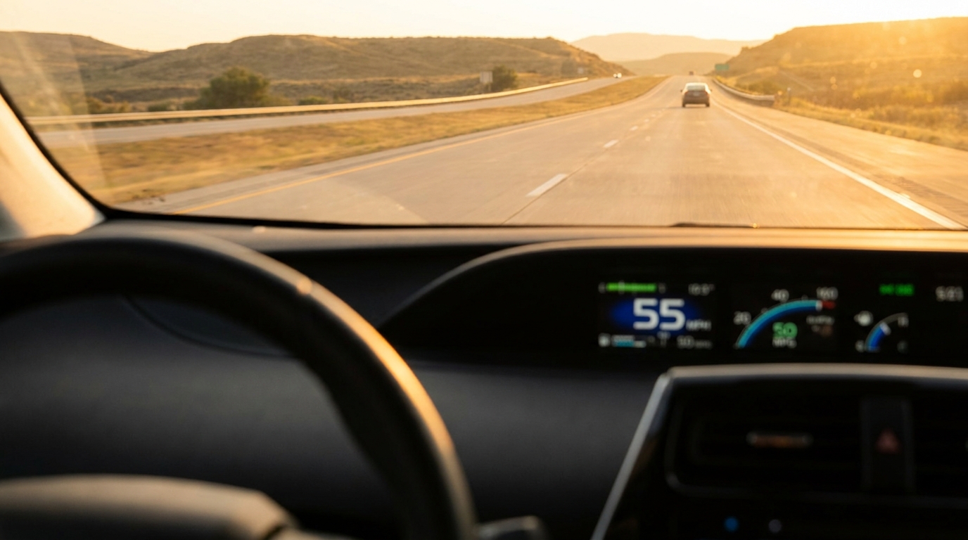 A car's digital speedometer reading 72 mph, framed through the windshield with a long stretch of interstate ahead.