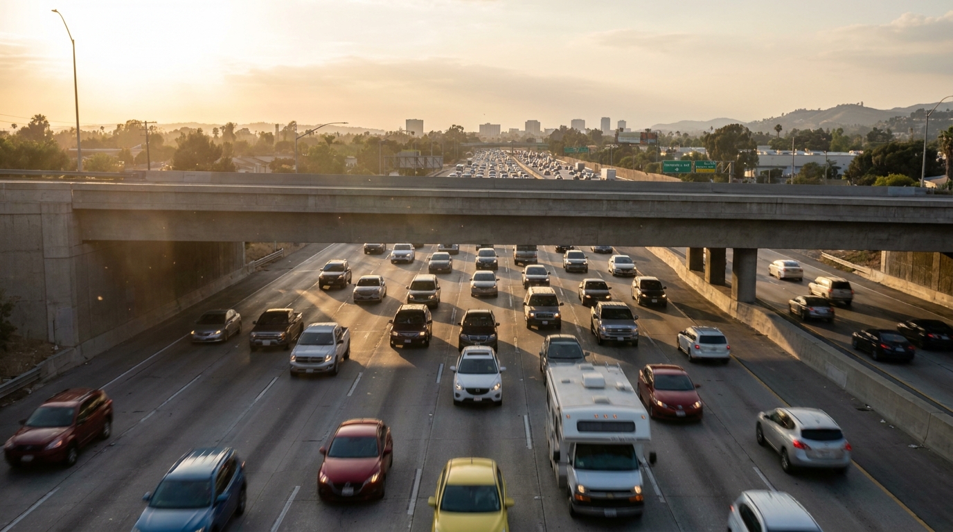 A busy holiday weekend interstate with cars packed in both directions, taken from an overpass.