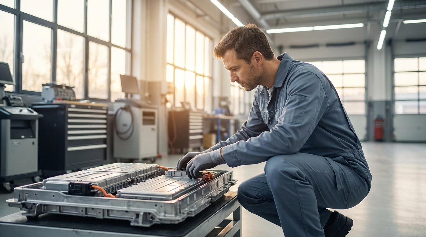 Technician inspecting a hybrid vehicle battery pack in a service bay