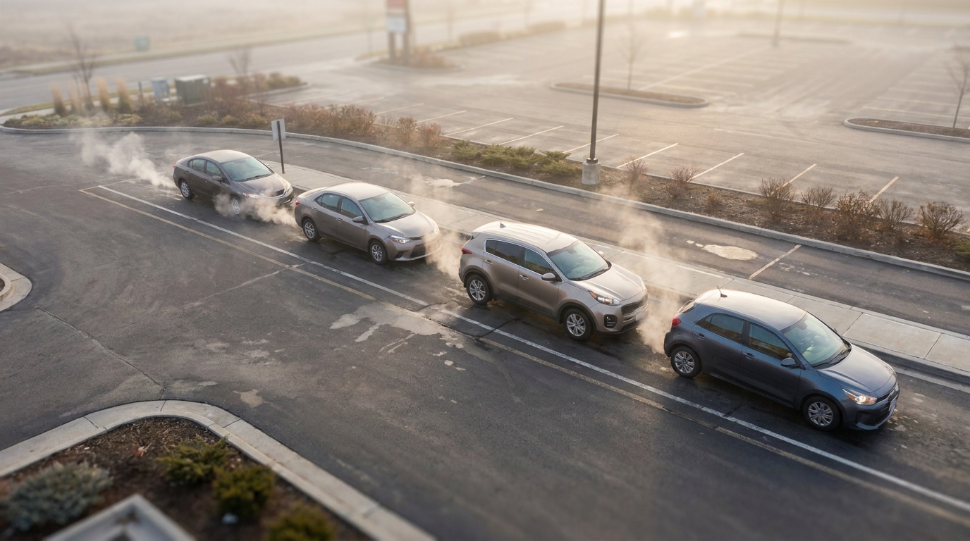A line of cars waiting in a drive-thru lane, exhaust fumes visible in cold morning air, overhead view.