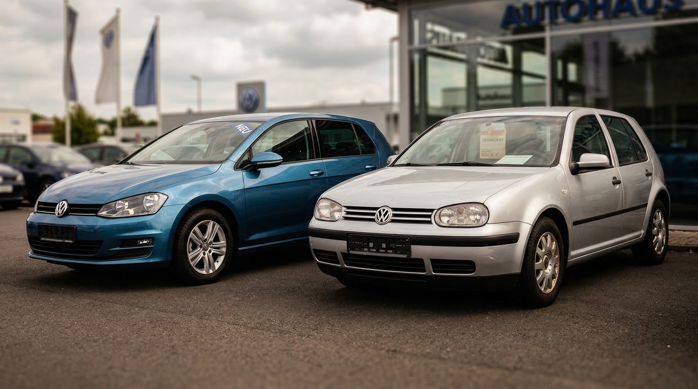 Zwei ähnliche Kompaktwagen nebeneinander auf einem deutschen Autohaus-Hof