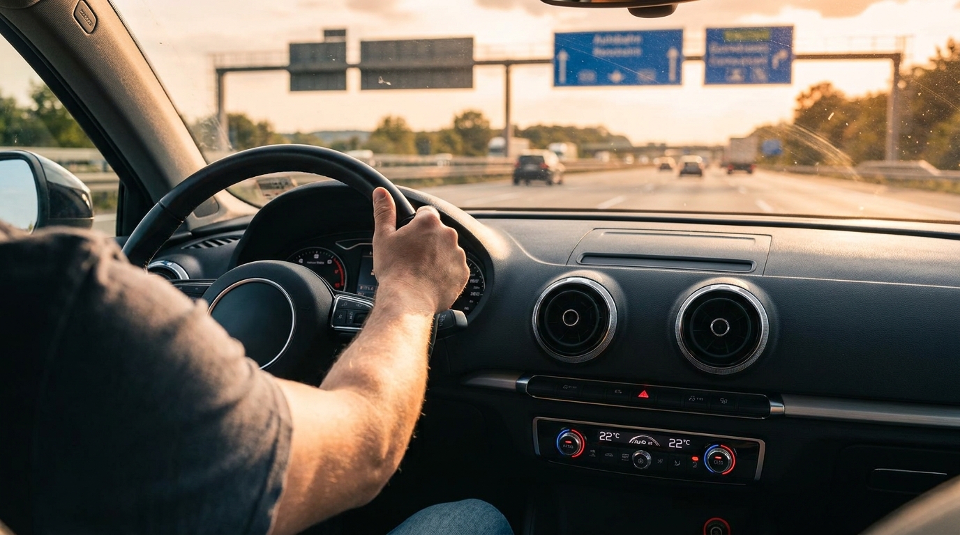 Fahrer im Auto auf einer deutschen Autobahn an einem heißen Sommertag, Sonnenlicht durch die Windschutzscheibe