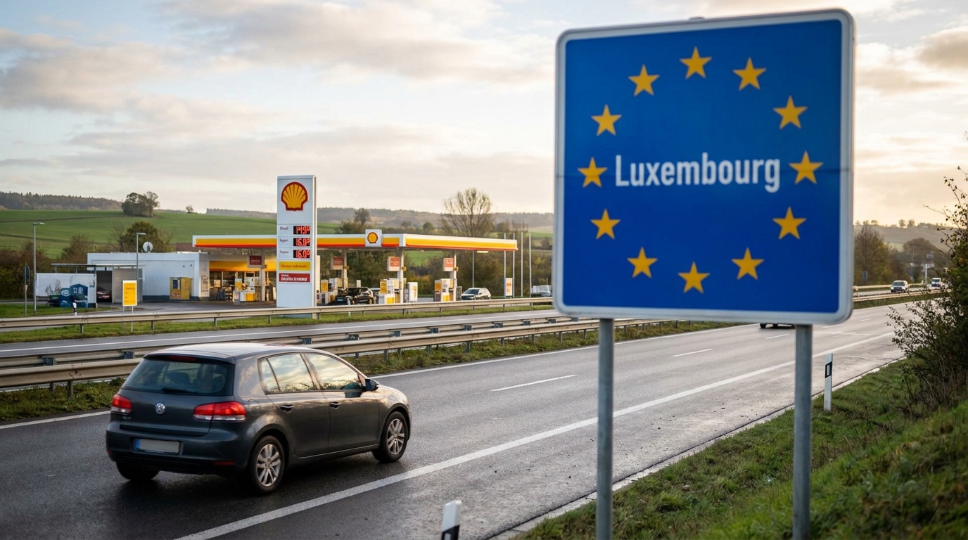 Autobahn-Grenzübergang nach Luxemburg mit Tankstelle im Hintergrund