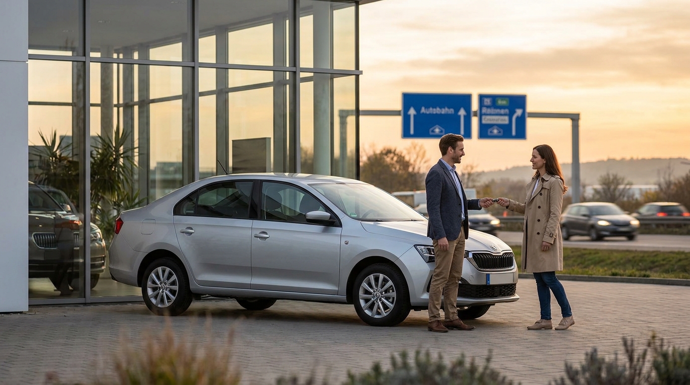 Neuwagen-Übergabe auf einem deutschen Autohaus-Hof mit Pendlerverkehr im Hintergrund
