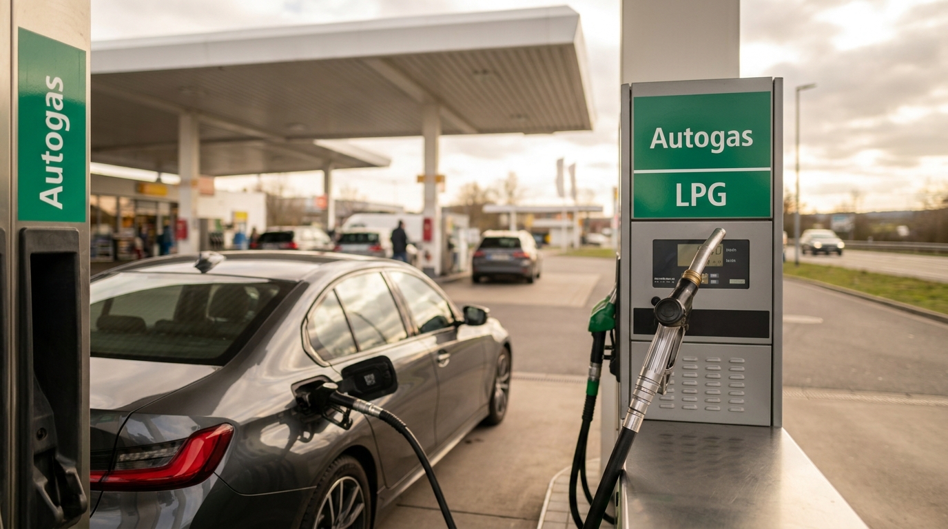 Auto an einer deutschen Autogas-Zapfsäule mit LPG-Schild im Vordergrund