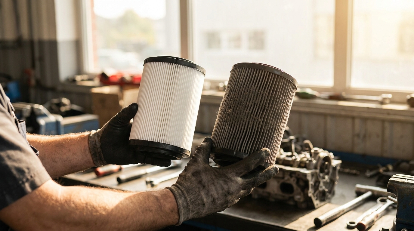 A mechanic's hands holding a new and a dirty engine air filter side by side in a bright auto shop.