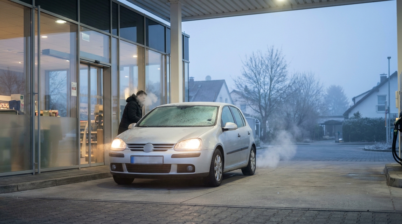 Kalter Motor an einem winterlichen Morgen an einer deutschen Tankstelle mit sichtbarem Atem des Fahrers