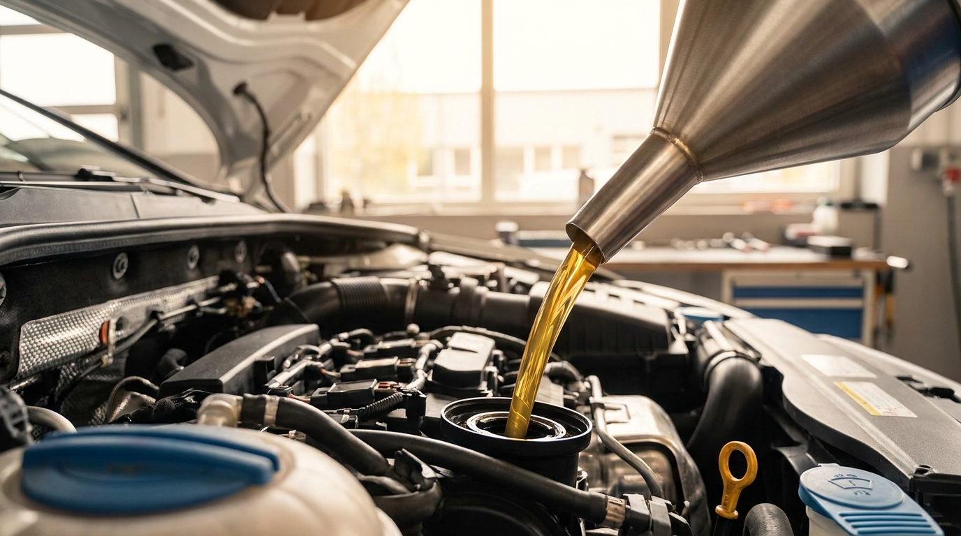 Motoröl wird bei einem Ölwechsel in einen modernen Pkw-Motor eingefüllt