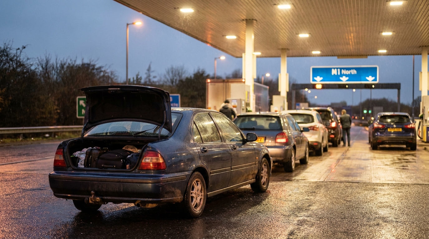 A UK motorway service station forecourt at dusk with cars refuelling under bright canopy lighting