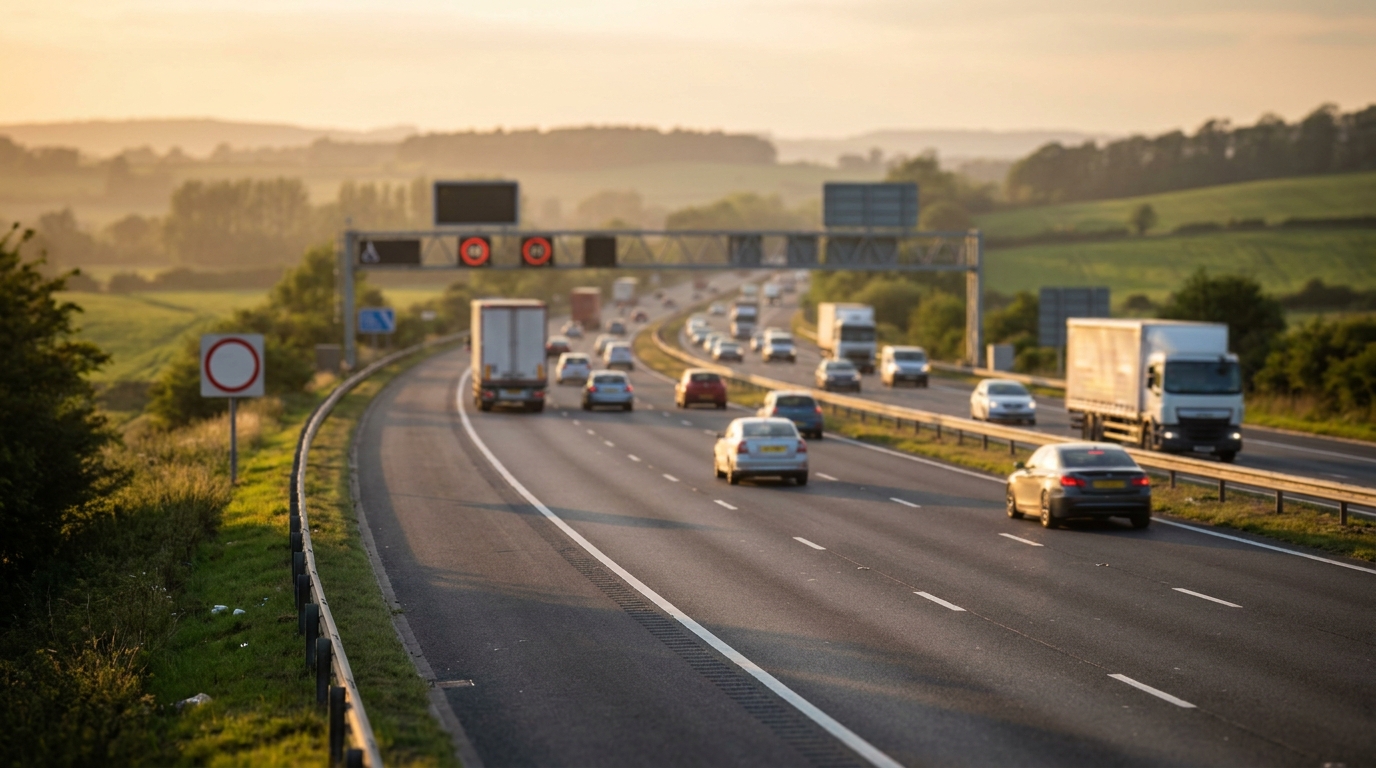 View along a UK motorway at dusk with speed limit signs and traffic in the middle lane