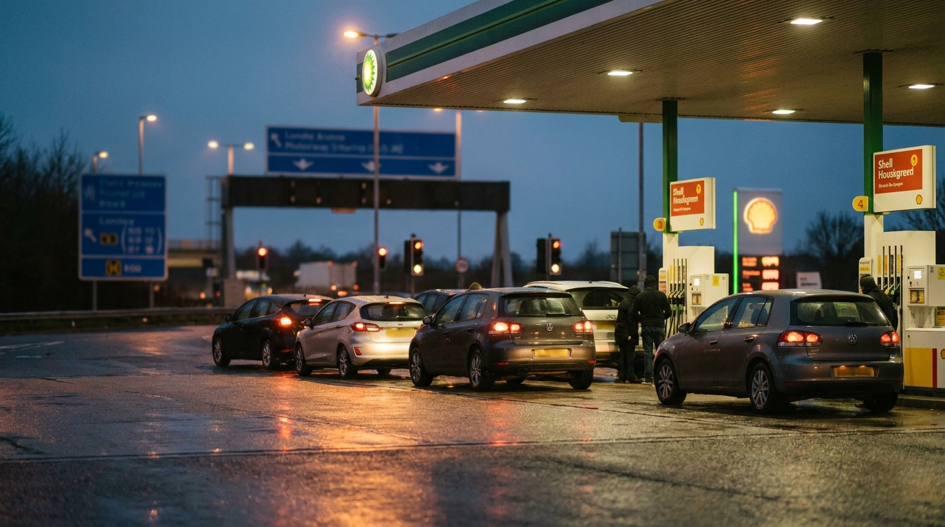 A row of popular family cars queuing at a UK motorway service station forecourt at dusk
