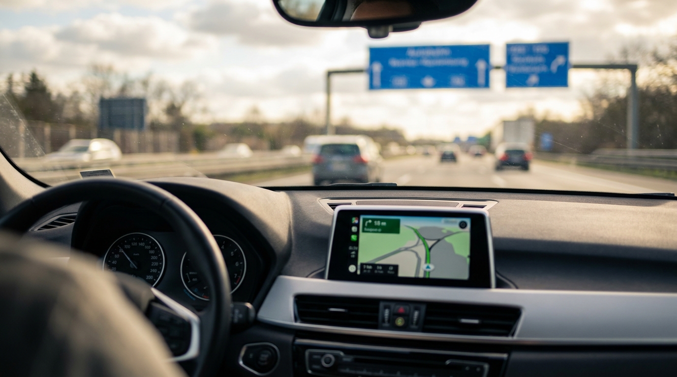 Blick aufs Armaturenbrett mit Navigationsdisplay auf einer deutschen Autobahn