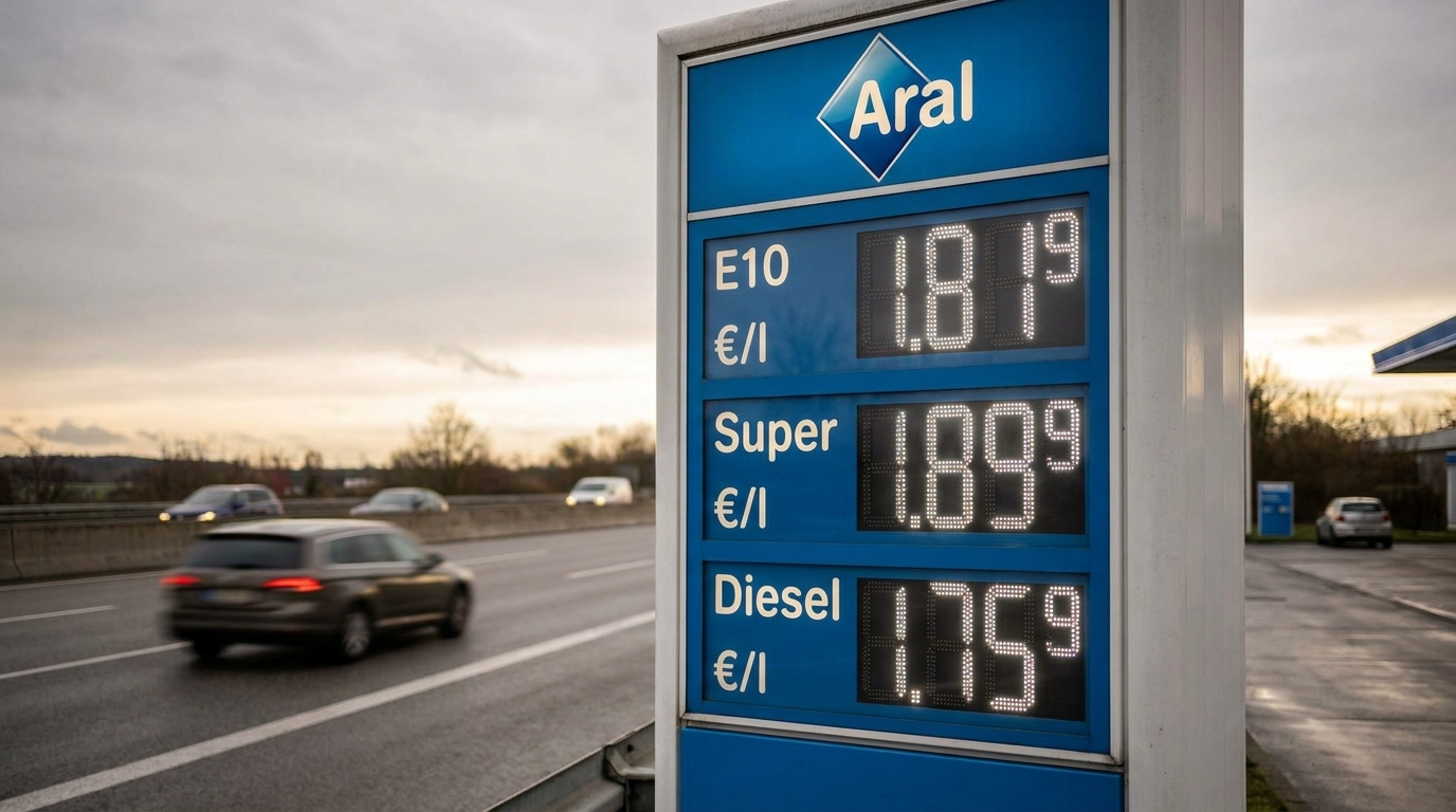 Anzeigetafel einer deutschen Tankstelle mit Spritpreisen vor bewölktem Himmel