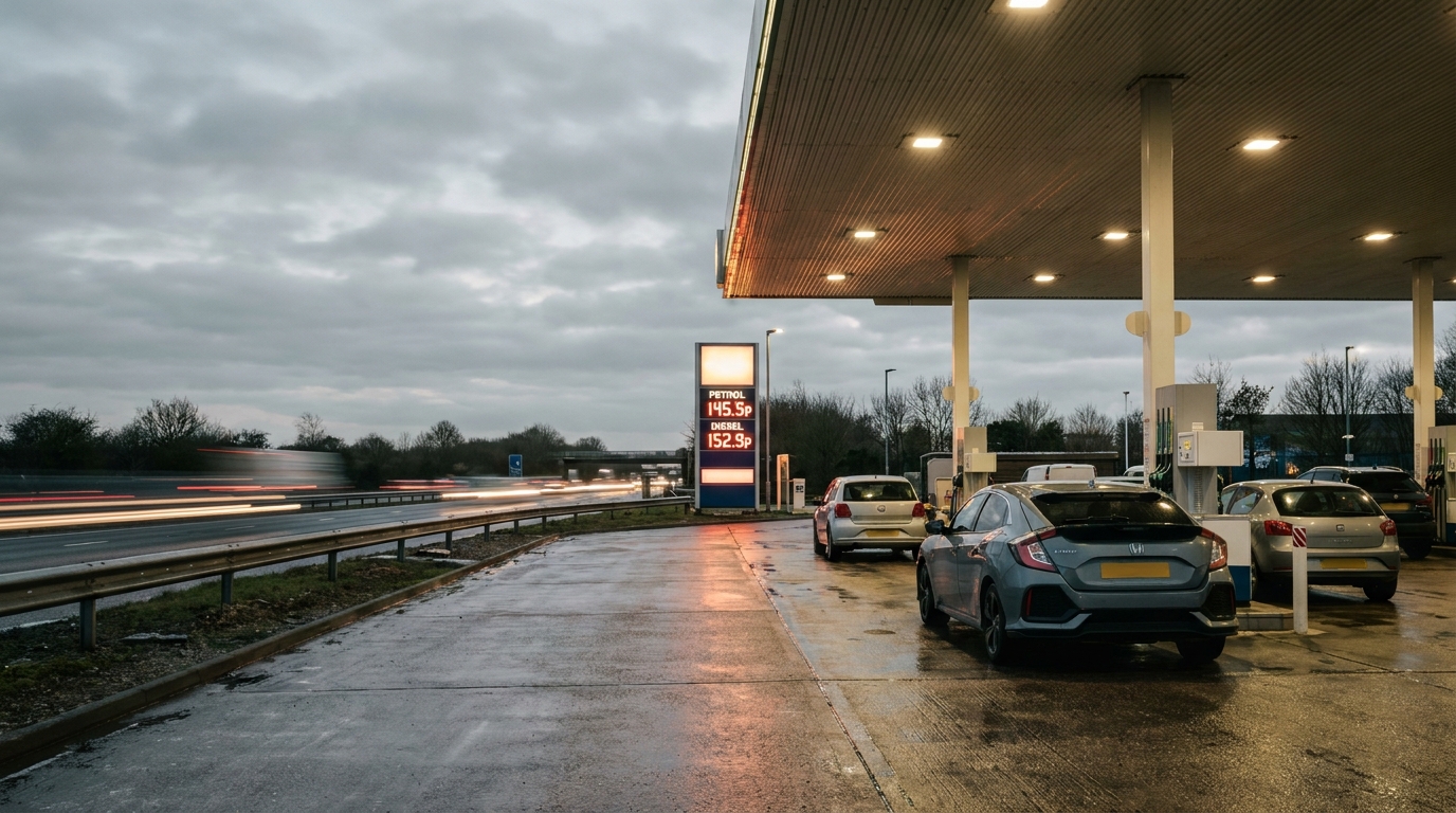 UK petrol station forecourt at dusk with price totem showing petrol and diesel prices in pence per litre